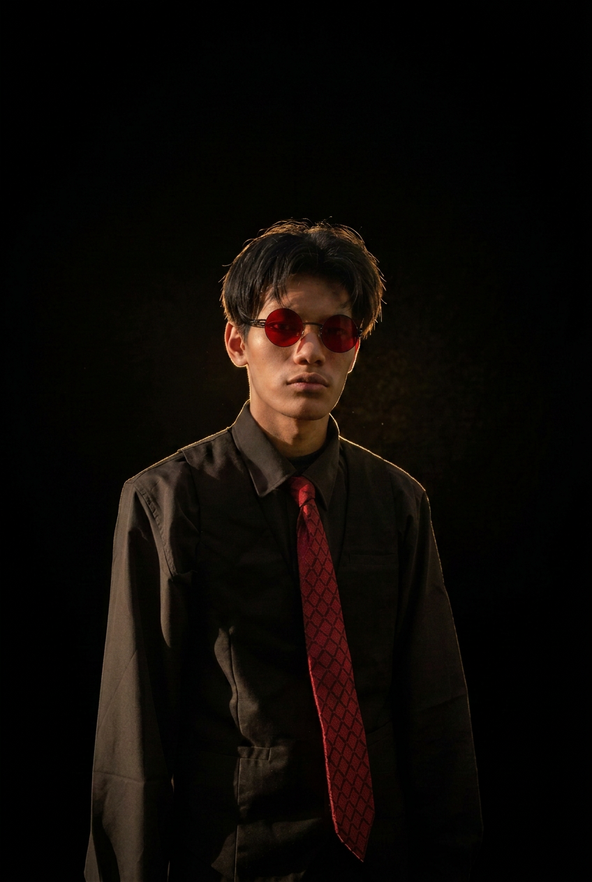 Jin Tan, The Card Sage, in red round sunglasses